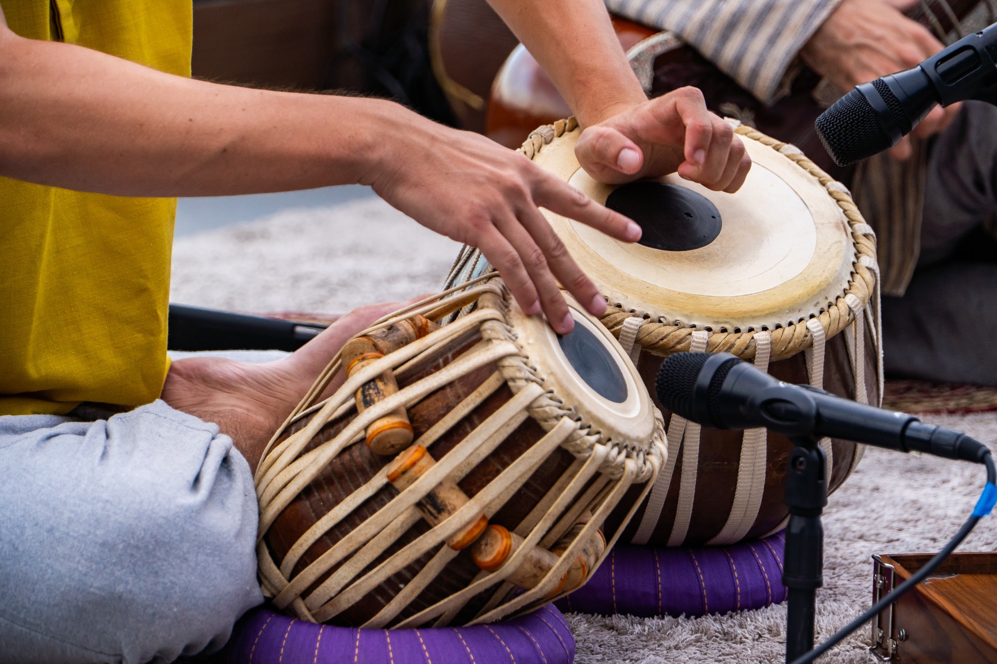 Detalhe das mãos de Sam tocando tabla